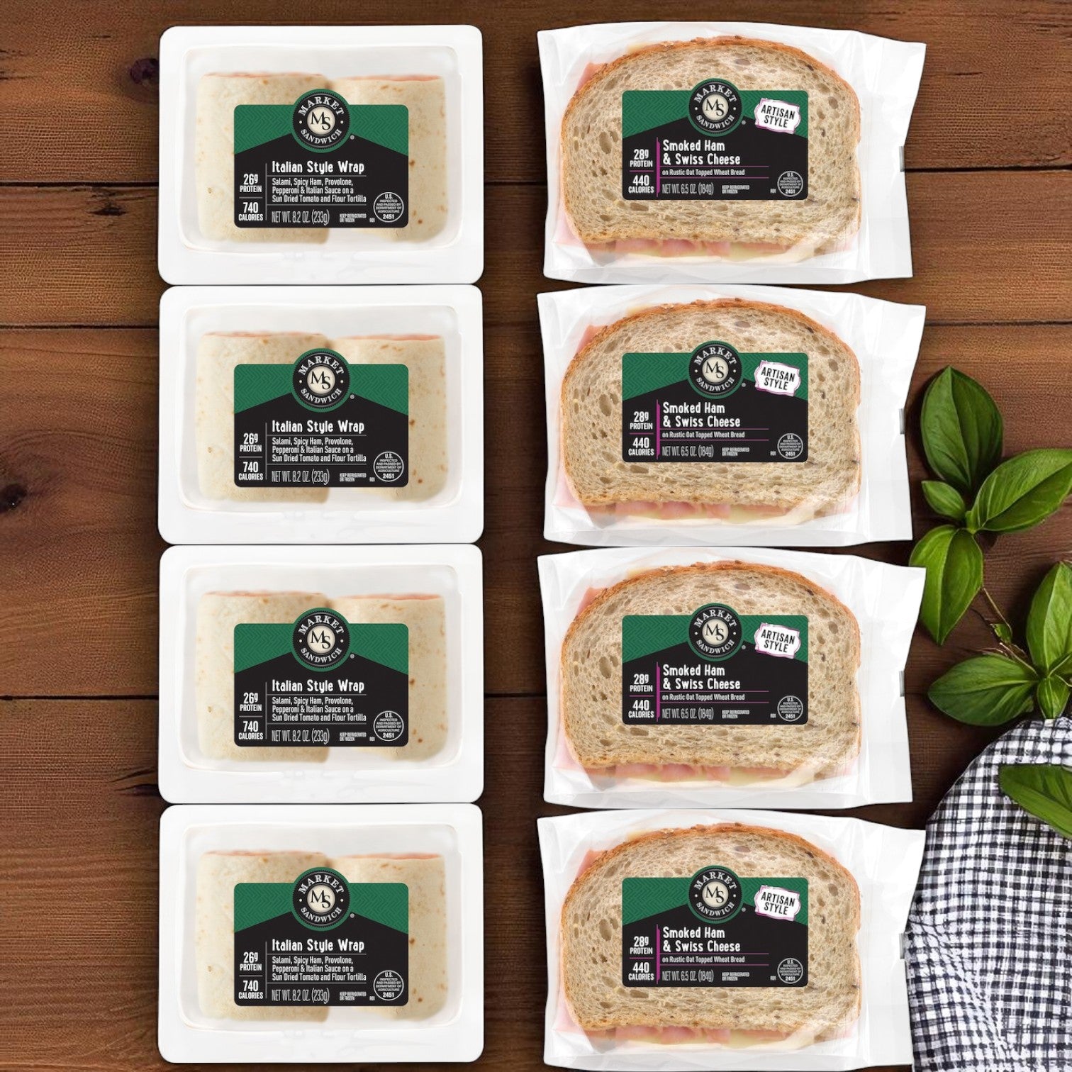 Market Sandwich 8-Pack – 4 Italian Style Wraps (8.2 oz) & 4 Ham & Swiss on Multigrain Sandwiches (6.5 oz), Individually Wrapped