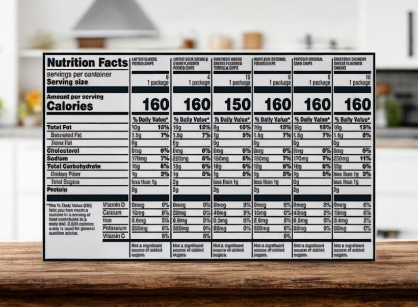 A nutrition facts label on a wooden counter shows calories, fat, cholesterol, sodium, carbohydrates, sugars, and protein for various servings. In the kitchen background is a Frito Lay Classic Mix Variety Pack with 1 oz servings from their 54-count collection.