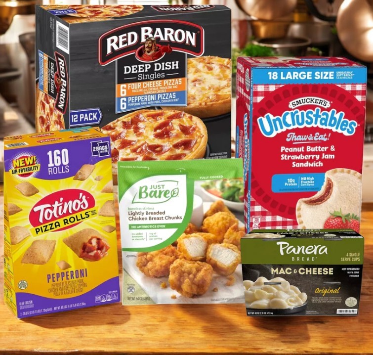 Explore the Meal Bundle Pack! 5 Items Total by Easy Lunches, featuring Red Baron pizza, Smucker's Uncrustables, Totino's Pizza Rolls, Just Bare chicken nuggets, and Panera mac & cheese—all with free delivery.