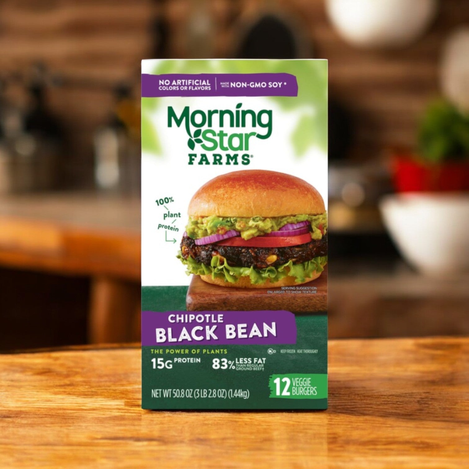 The MorningStar Farms Chipotle Black Bean Burger, 12 Count - 1 Pack, offers a delicious vegetarian option with non-GMO soy, 15g plant-based protein, and 83% less fat than traditional burgers—perfect for a healthier meal.