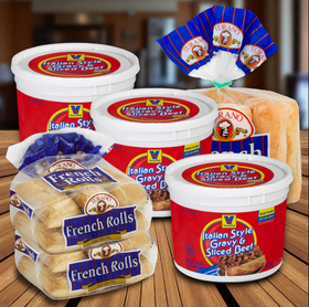 Vienna Beef® Authentic Chicago Sandwich Kit features 3 tubs of Italian Style Gravy & Sliced Beef (36 oz each) and 3 packs of Turano® French Rolls (16 oz each), perfect for creating classic Italian beef sandwiches at home.