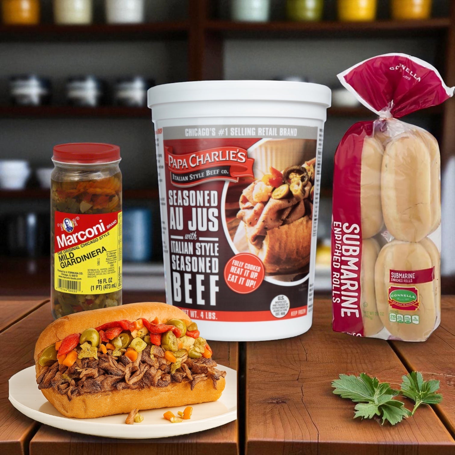Papa Charlies Gonella Bread Mild Giardiniera Italian Beef Sandwich Kit