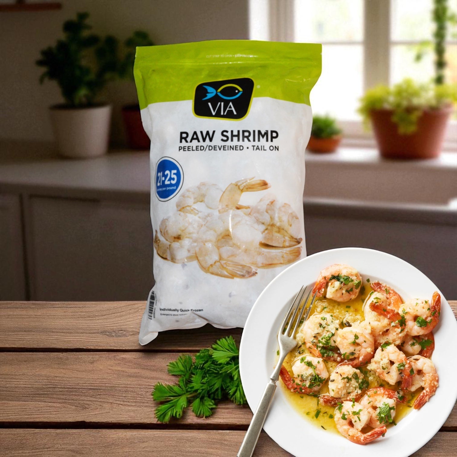VIA Farm-Raised Raw Shrimp, Tail-On, Peeled, Deveined, 21-25 ct, 2 lbs - 3 Count