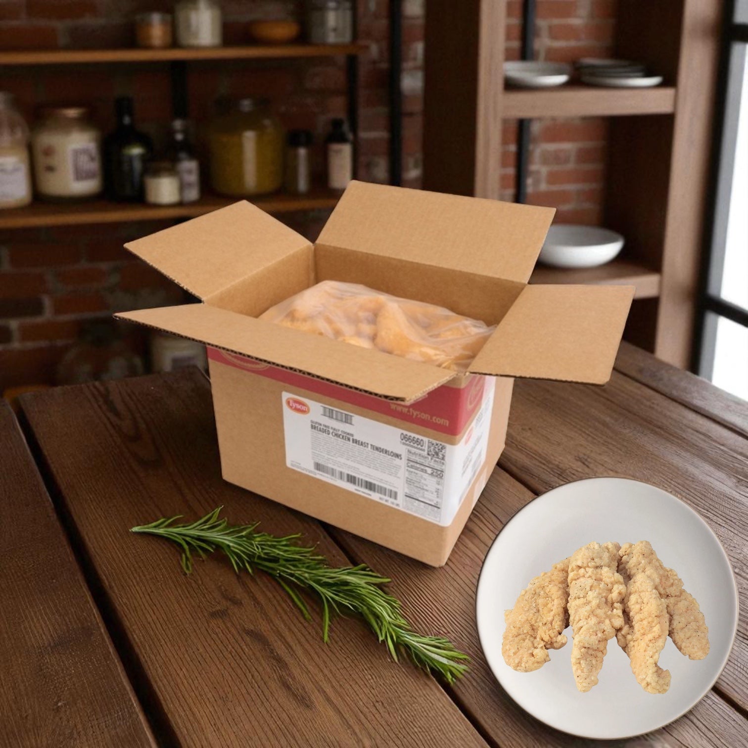 A bag of Tyson Gluten Free Breaded Chicken Tenderloins (5 lb, 2 count) sits on a wooden table next to a plate of cooked tenderloins and fresh rosemary, with shelves in the background.