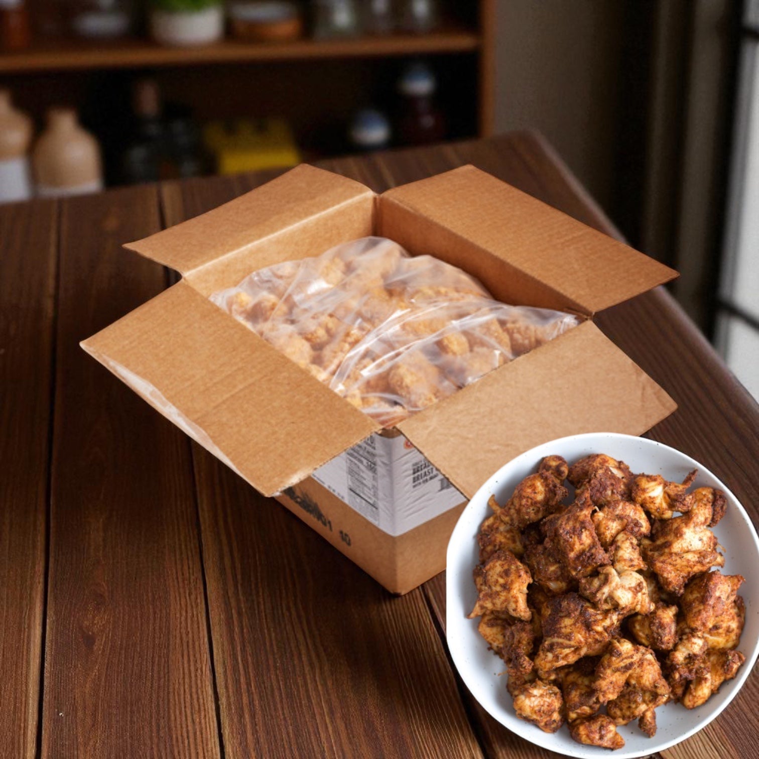 An open box of Tyson Chicken Boneless Wings Breaded Fully-cooked (5 lb bag, 2 count) sits on a wooden table, with a plate of the foodservice-style boneless wings in front.