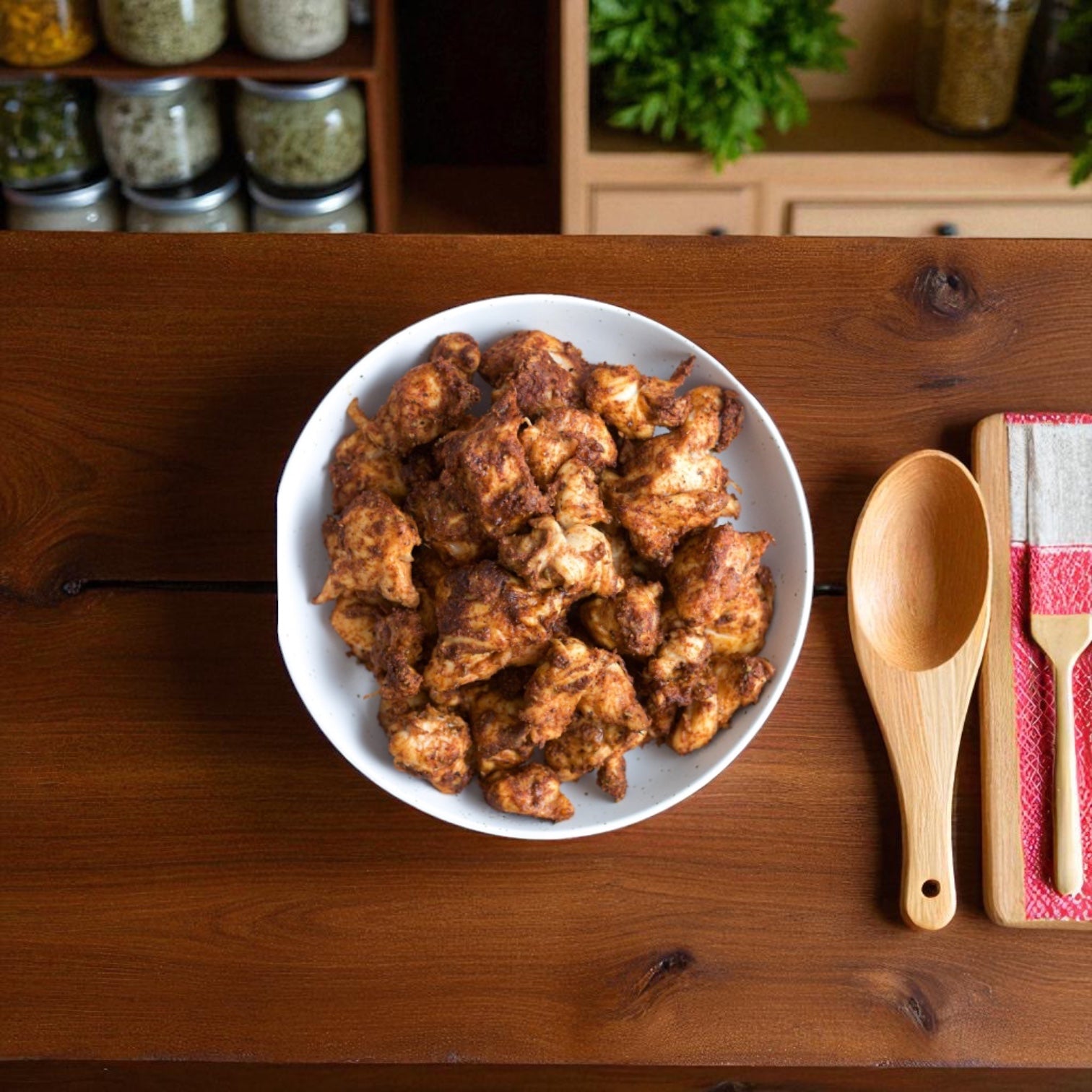 A white bowl of seasoned, fully cooked cauliflower sits beside a wooden spoon, fork, and a red-and-white napkin—perfect for foodservice or pairing with Tyson Chicken Boneless Wings Breaded Fully-cooked 5 lb Bag.