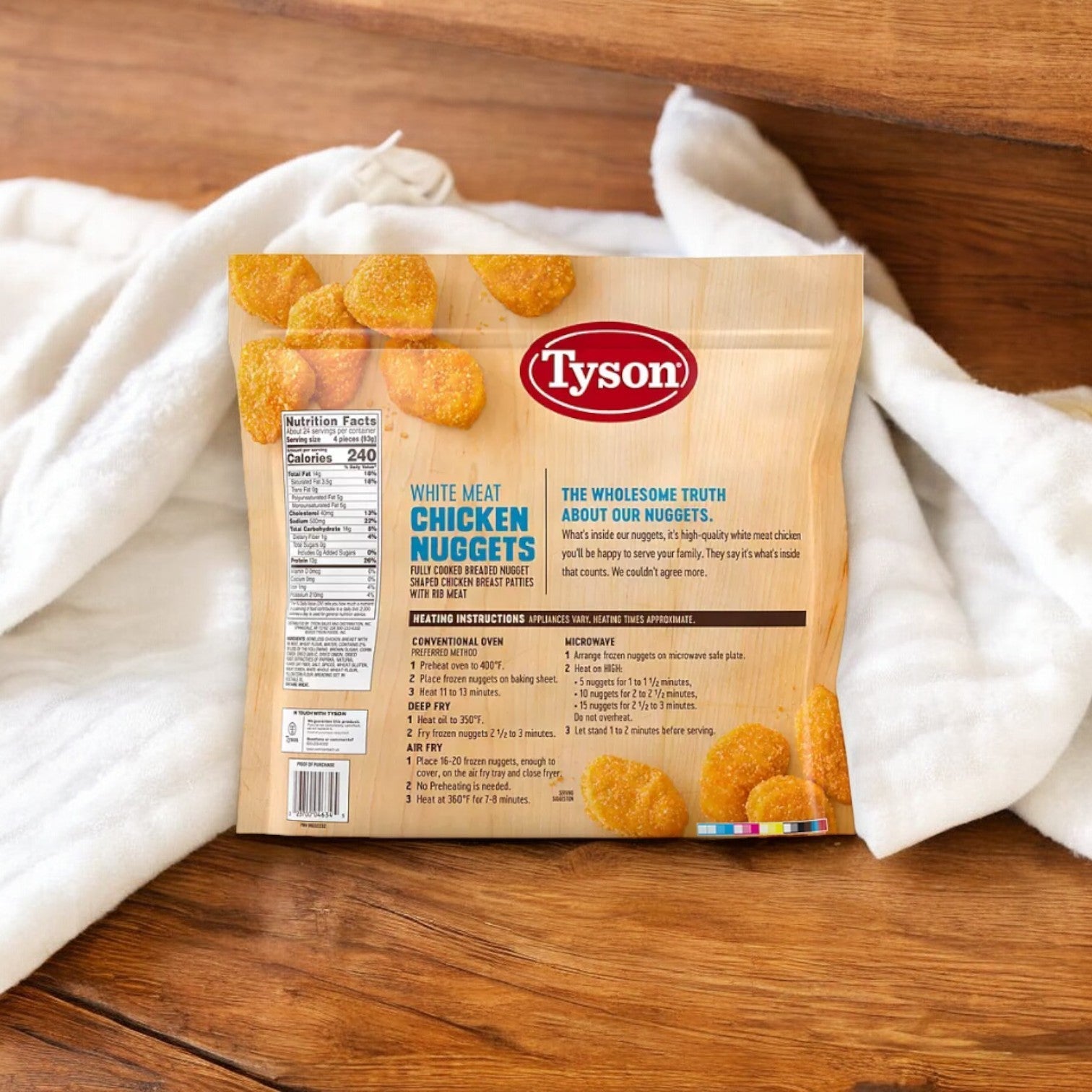 A package of Easy Lunches' College Meal Pack! Feed Your Hungry College Student! featuring Tyson white meat chicken nuggets on wooden steps and partially covered by a white cloth, highlights nutritional facts and serving suggestions for quick, healthy meals.