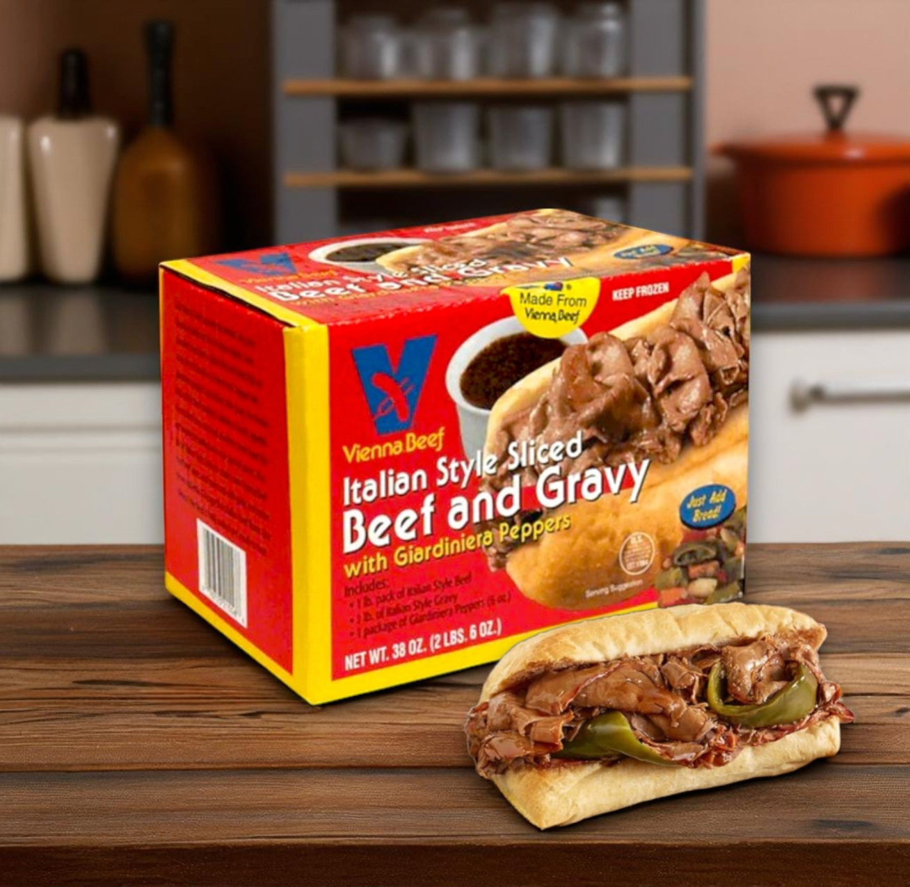 Vienna Beef® Italian Style Sliced Beef and Gravy with Giardiniera Peppers, 38 oz. & Turano French Rolls, 16 oz. – Chicago-Style Italian Beef Sandwich Kit