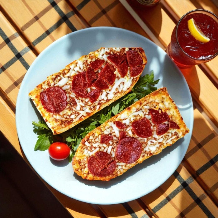 Two slices of Endless Market DRAFT - Stouffer’s Pepperoni French Bread Frozen Pizza are served on arugula with a cherry tomato on a white plate, next to a glass of iced tea garnished with lemon.