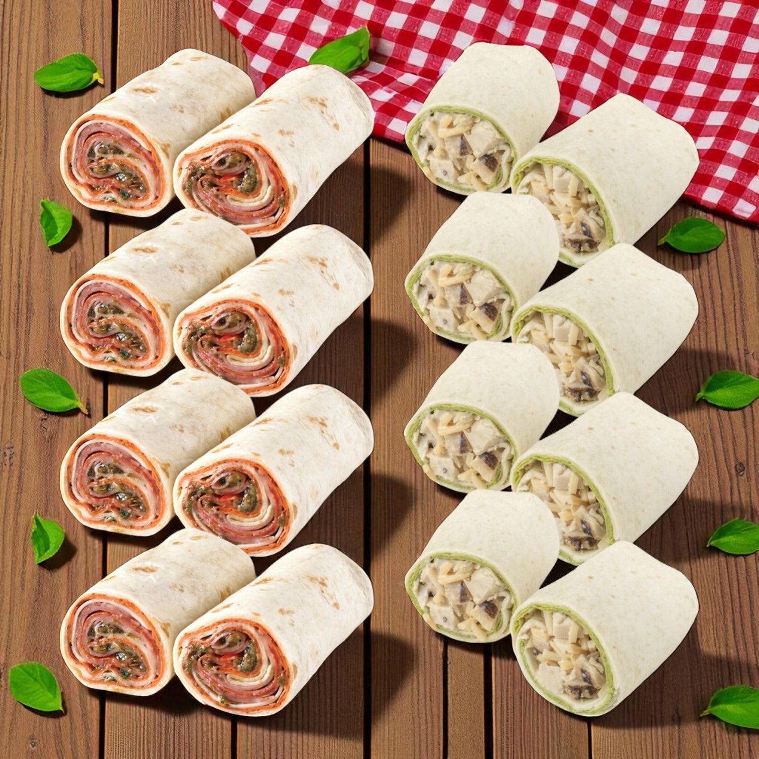An overhead view of eight E.A. Sween Market Wrap Combo Pack sandwiches—4 Italian Style (8.2 oz) and 4 Chicken Caesar (8.6 oz)—individually wrapped, arranged on a wooden surface with basil and a red checkered cloth.