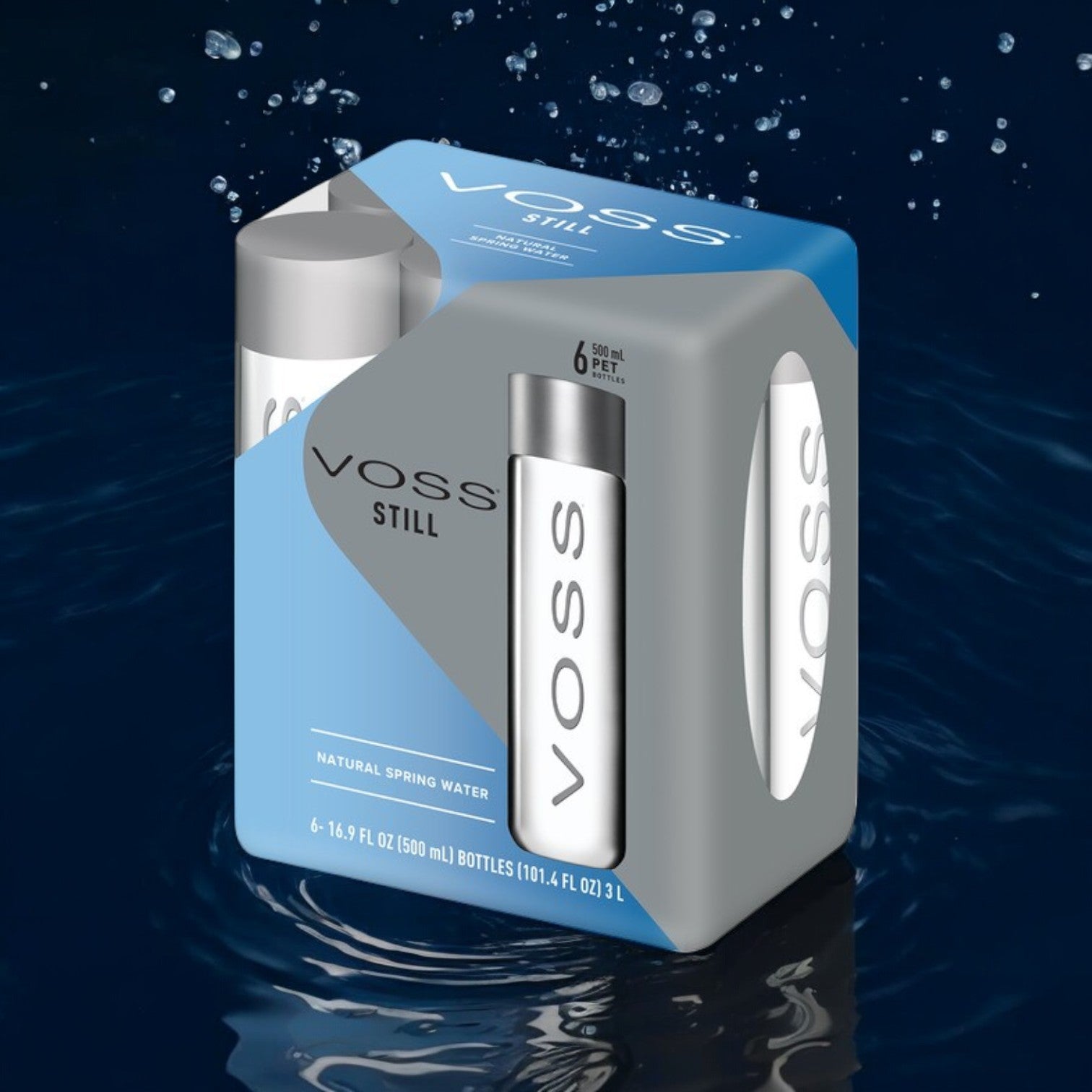The VOSS Still Water 16.9 fl oz, 6-Pack features BPA-free bottles in a rectangular box, highlighting premium quality.
