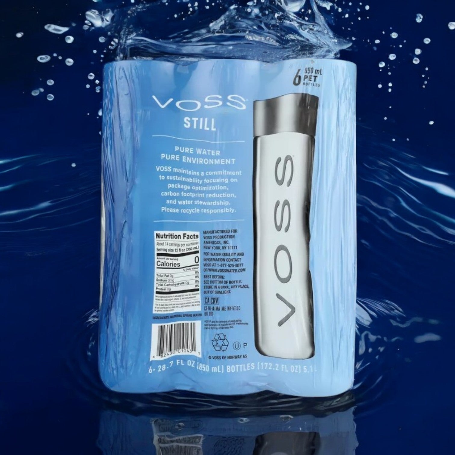 The VOSS Still Water 16.9 fl oz 6 Pack, with BPA-free bottles, elegantly floats to showcase premium quality and a clear sustainability message, highlighting nutrition facts.