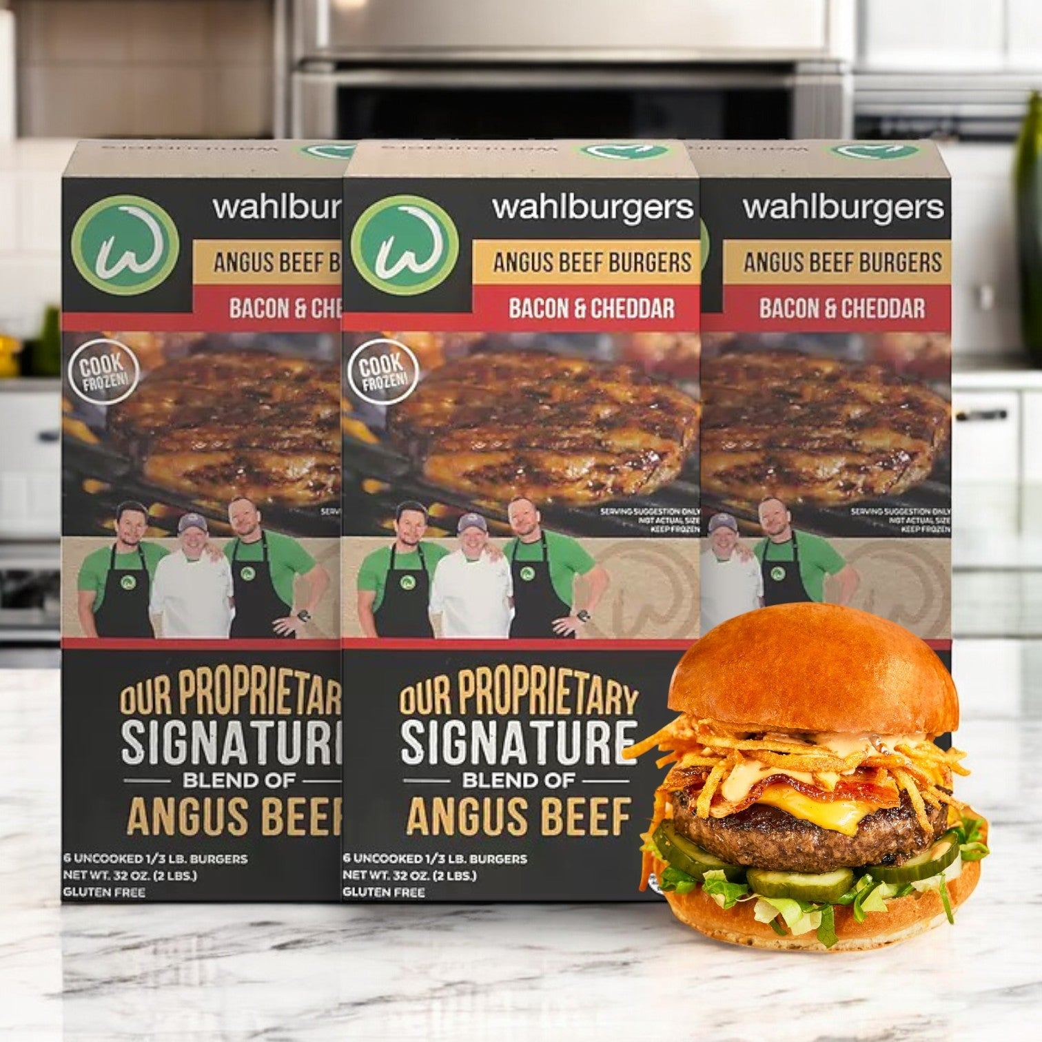 The Wahlburgers Frozen Beef Patties, Bacon & Cheddar box displays an enticing burger image along with "Gluten Free" and "Cook Frozen" labels, featuring a photo of three people, to emphasize the savory combination of bacon cheddar and Angus beef patties.