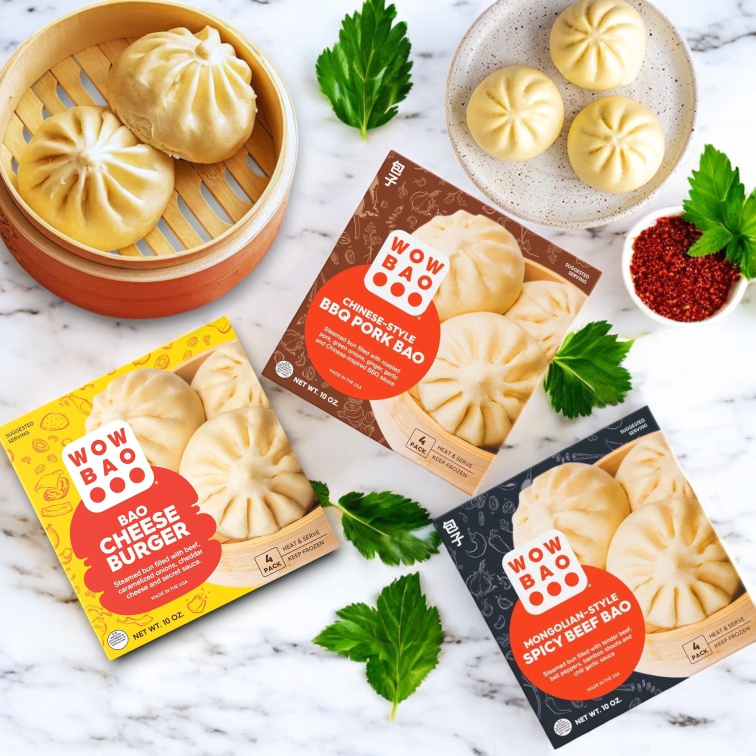 Discover the mouthwatering Wow Bao 3 Pack Combo! featuring Cheeseburger Bao, Chinese Style Pork Bao, and Mongolian Style Beef Bao. Presented in a steamer or on plates with scattered greens, these buns are a delight for the eyes and taste buds alike.