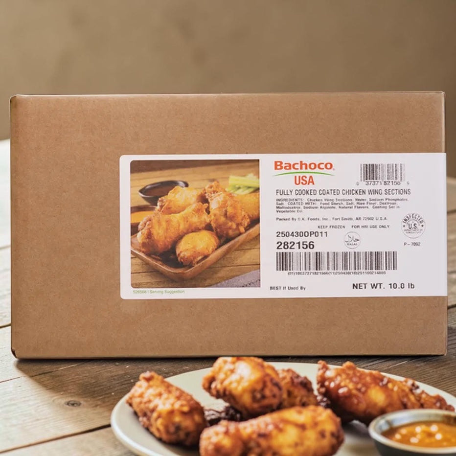 Bachoco USA Halal Coated Jumbo Chicken Wing Sections – Fully Cooked (10 lb Bag)