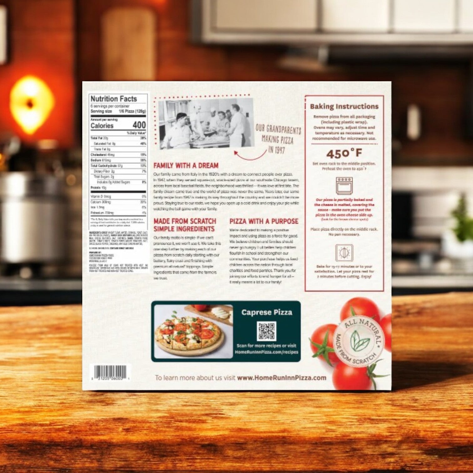 A pizza box on a kitchen counter displays nutritional facts, 450°F cooking instructions, mozzarella cheese details, and an image of a Caprese pizza. Savor the authentic pizzeria taste of Home Run Inn Family Size Cheese Pizza, 27 oz., with its rich ingredients and family story.