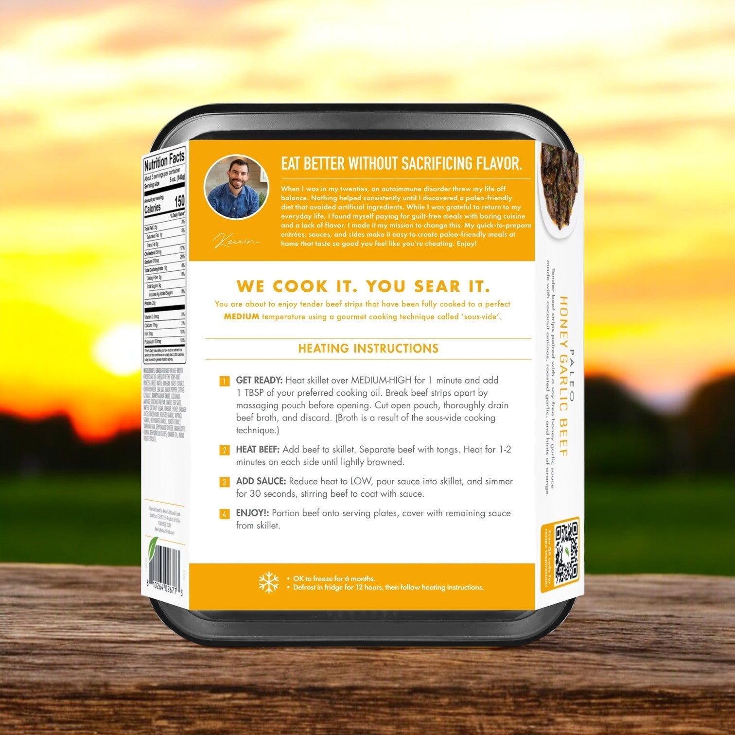 Kevin's Honey Garlic Beef, 32 oz. - 1 Case, 4 Packs is made with all-natural ingredients and comes with preparation instructions. Featuring a "We Cook It. You Sear It." tagline, nutrition facts, a cooking photo with a blurred background person, and highlighting its gluten-free promise. Ships frozen; once out of the freezer has a 30-day shelf life in the cooler!.