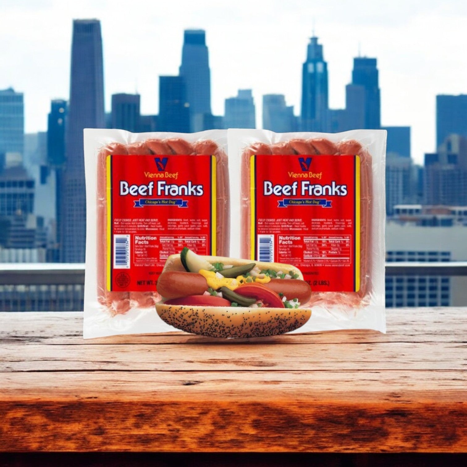 The Vienna Hot Dog Kit! Chicago Style! featuring Vienna Beef tantalizes with 32 hot dogs alongside condiments and buns, elegantly presented on a wooden surface against an enchanting skyline.