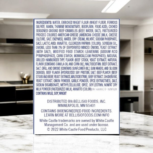 The package of White Castle Cheeseburger Classic Bites-3 Count displays ingredients, distributor Bellisio Foods, Inc., Minneapolis, MN details, a QR code and mentions bioengineered food ingredients. Inspired by the White Castle Cheeseburger's iconic steamed cooking method.