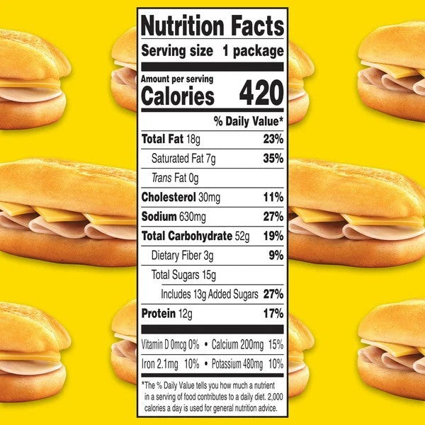 The Lunchables 6-Inch Turkey & Cheddar Cheese Sub Sandwich Kids Lunch Meal features a nutrition label with 420 calories per serving and displays a ham and cheese bun design, perfect for on-the-go meals, set against a yellow background reminiscent of the classic Lunchables style.