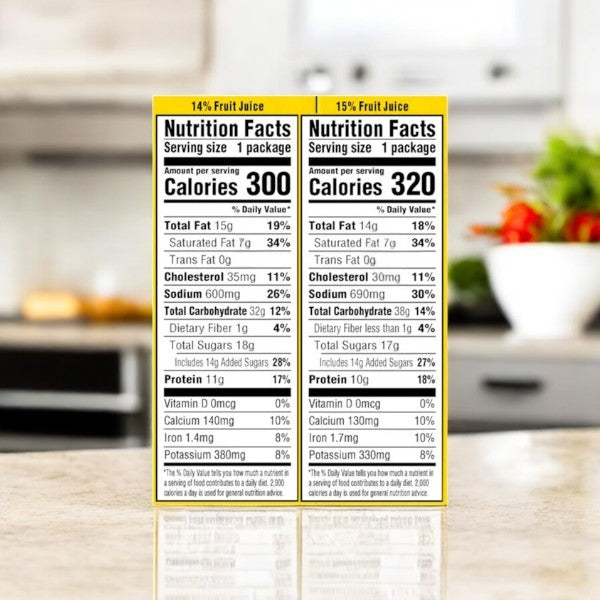 Side-by-side nutrition labels on a countertop show variations in calories, fat, sodium, and sugars for products containing 14% and 15% fruit juice—perfect for pairing with Lunchables Cracker Stackers Ham and Turkey Variety Pack or creating balanced school lunches.
