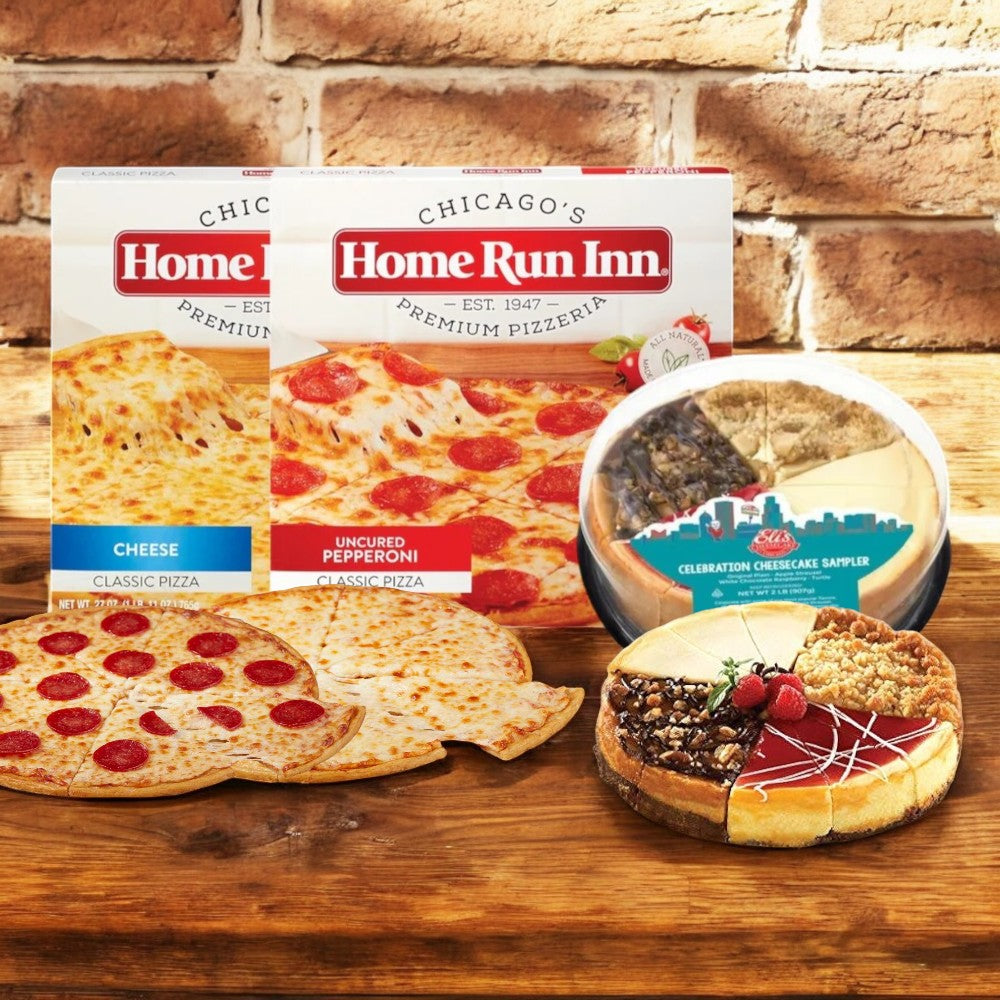 The Eli's Cheesecake Celebration Sampler and Home Run Inn Pizza Combo by Easy Lunches sits on a wooden surface with a brick backdrop, accompanied by two mouthwatering cooked Chicago-style pizzas.