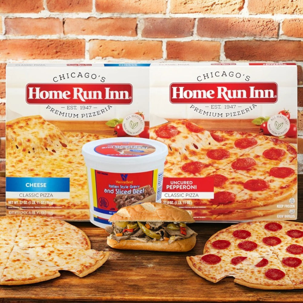 The Easy Lunches Home Run Inn and Vienna Beef Chicago-Style Favorites Combo!!! features boxes of cheese and uncured pepperoni pizzas, a tub of sliced Italian beef, and a sandwich, with two slices of Chicago-style pizza beside the boxes for an authentic taste experience.