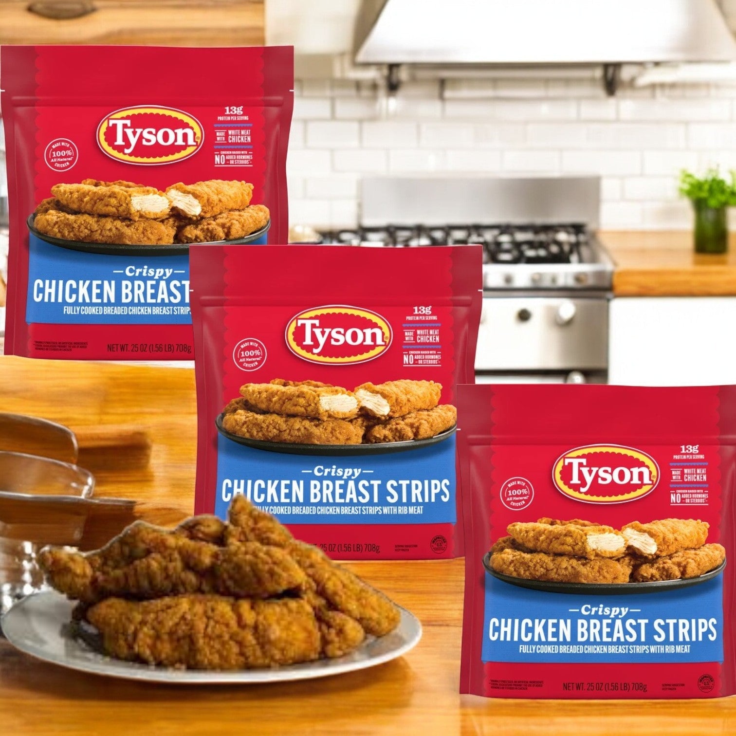 Three bags of Tyson Fully Cooked Crispy Chicken Strips are on a kitchen counter, with a plate of the strips in the foreground, providing a quick meal solution.