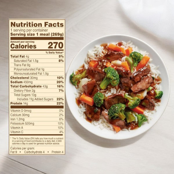 A plate of beef stir-fry with veggies over rice, from the College Meal Pack! Feed Your Hungry College Student! by Easy Lunches, is displayed beside a nutrition facts label showing 270 calories per serving.