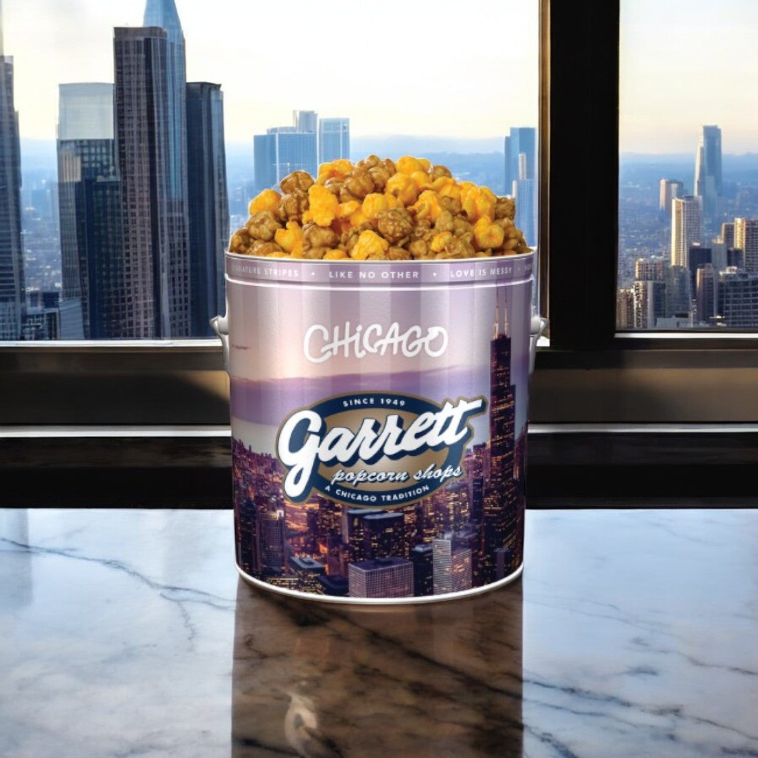 A Vienna Beef Italian Gravy & Sliced Beef paired with a Garrett Popcorn Tin by Easy Lunches sits on a marble surface, framed by the Chicago skyline, evoking the city's rich culinary tapestry of irresistible delights.
