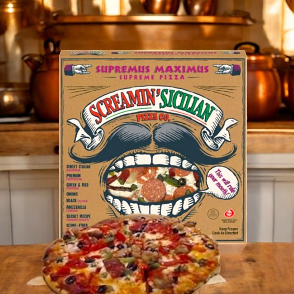 A cheesy Screamin' Sicilian Pizza, Supremus Maximus (25 Oz), rich with toppings, rests enticingly in front of its cardboard box on a wooden surface within a cozy kitchen setting.