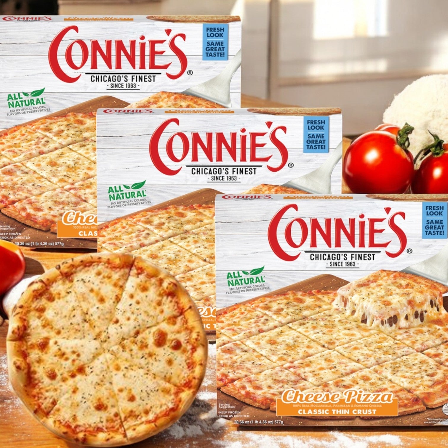 Connie's Pizza offers a 3-pack of Classic Thin Crust Cheese Pizza, 20.36 oz., with images of pizza, tomatoes, and basil paired with a baked pie and slice adorned with melted mozzarella cheese for delightful satisfaction.