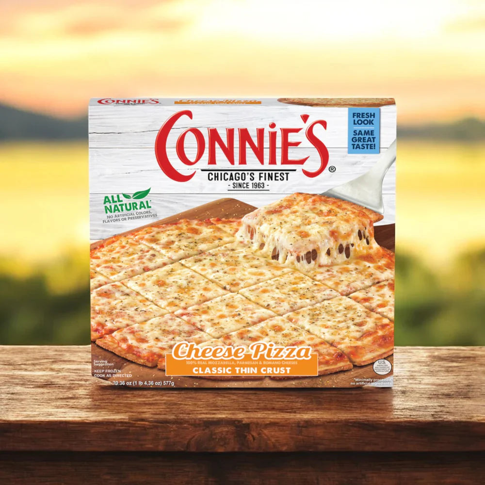 Easy Lunches' Connie's Bundle includes four classic thin crust cheese pizzas featuring "Chicago's Finest," "All Natural," and "Fresh Look, Same Great Taste" on the packaging. Perfect for outdoor gatherings!.