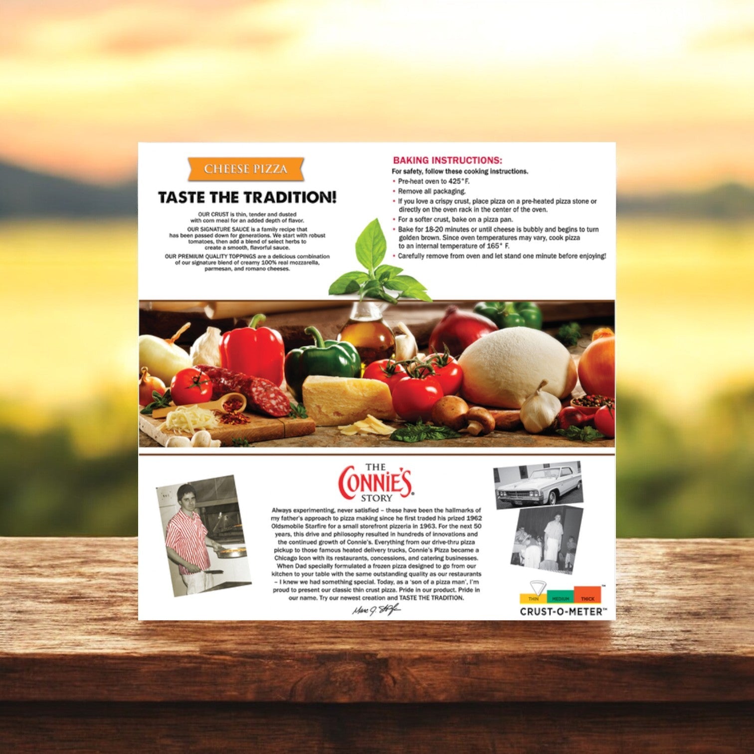 Photo on Connie's Pizza Classic Thin Crust Cheese box shows cooking instructions, ingredients, and brand history. It also features images of fresh vegetables, deli meats, mozzarella cheese, and a vintage family picture. Ready to bake at 20.36 oz., this 1-pack delivers tradition.