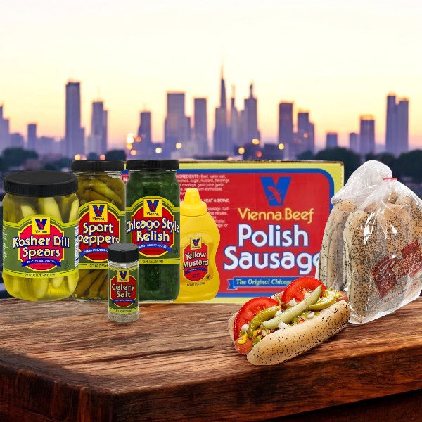 The Chicago Vienna Polish Sausage Kit by Vienna Beef features 30 sausages, condiments, and buns, with relish, mustard, pickled peppers, and pickles set against a city skyline backdrop.