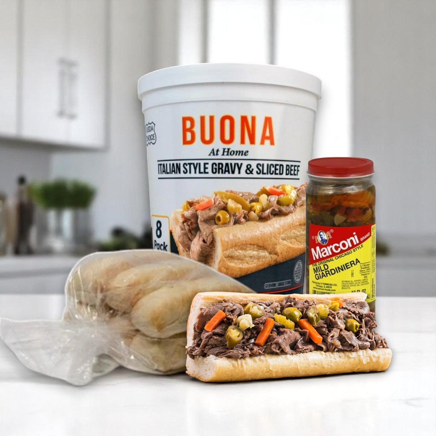 Buona Beef 8 Pack Kit! Comes With Rolls And Giardinera!