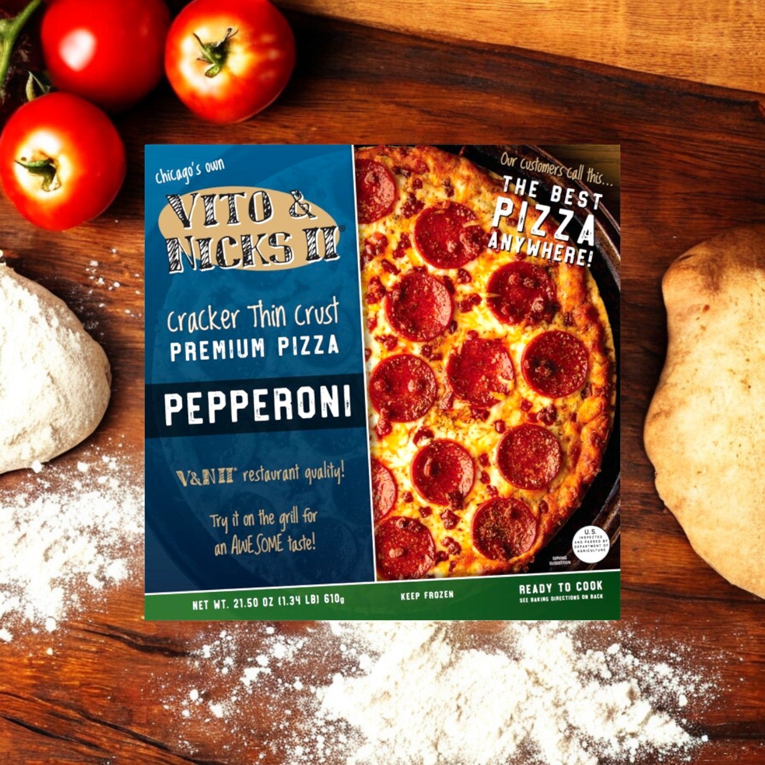 The Vito & Nick's II Cracker Thin Crust Pepperoni Pizza packaging features a Chicago tavern-style design with flour, dough, and tomatoes. It promises "The Best Pizza Anywhere!" while delivering an authentic thin crust pizza experience.