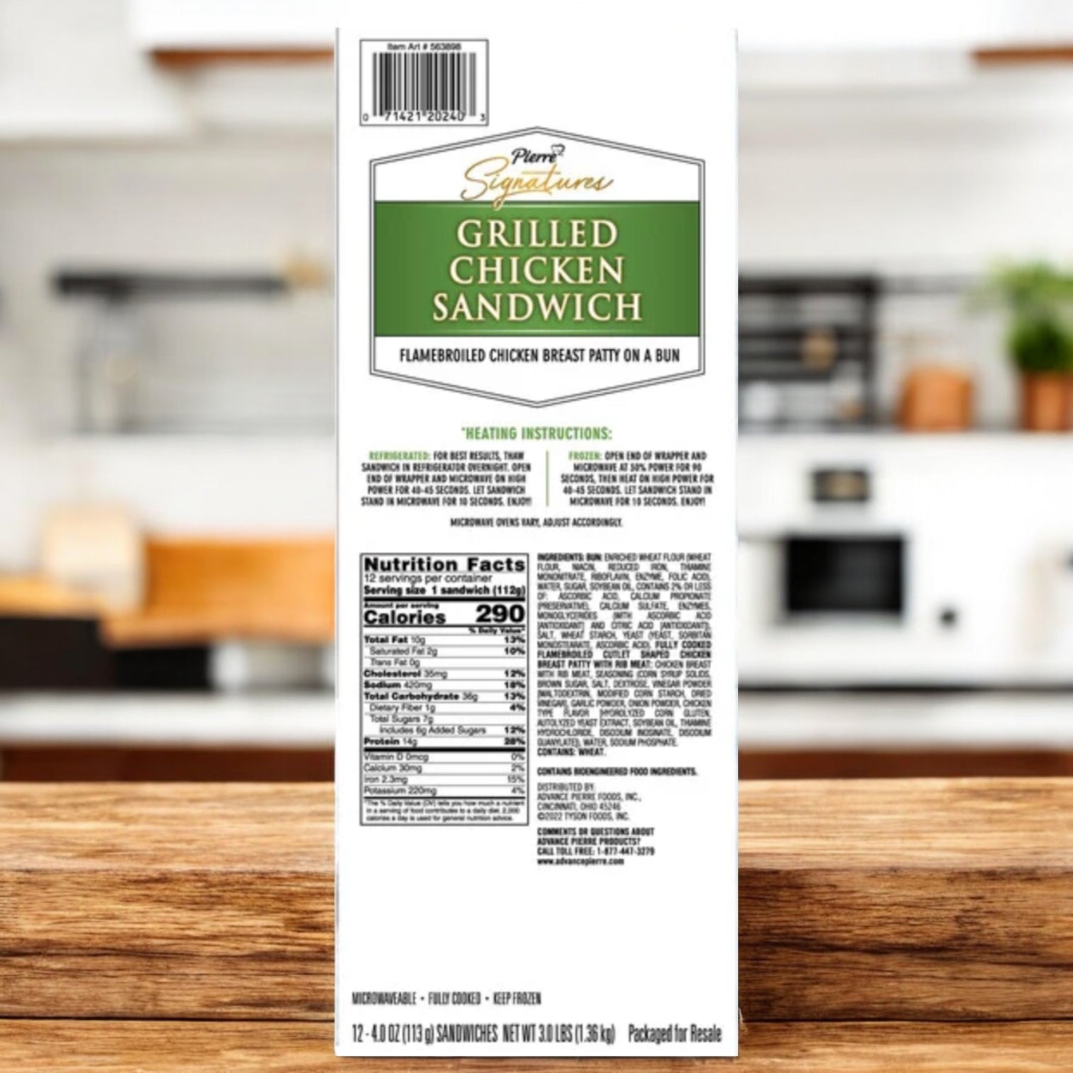 Back of a Tyson's Pierre Signatures Grilled Chicken Sandwich box, a convenient meal solution with nutrition facts, ingredients, and simple heating instructions next to the brand logo on the kitchen counter. Includes 12 sandwiches per pack.