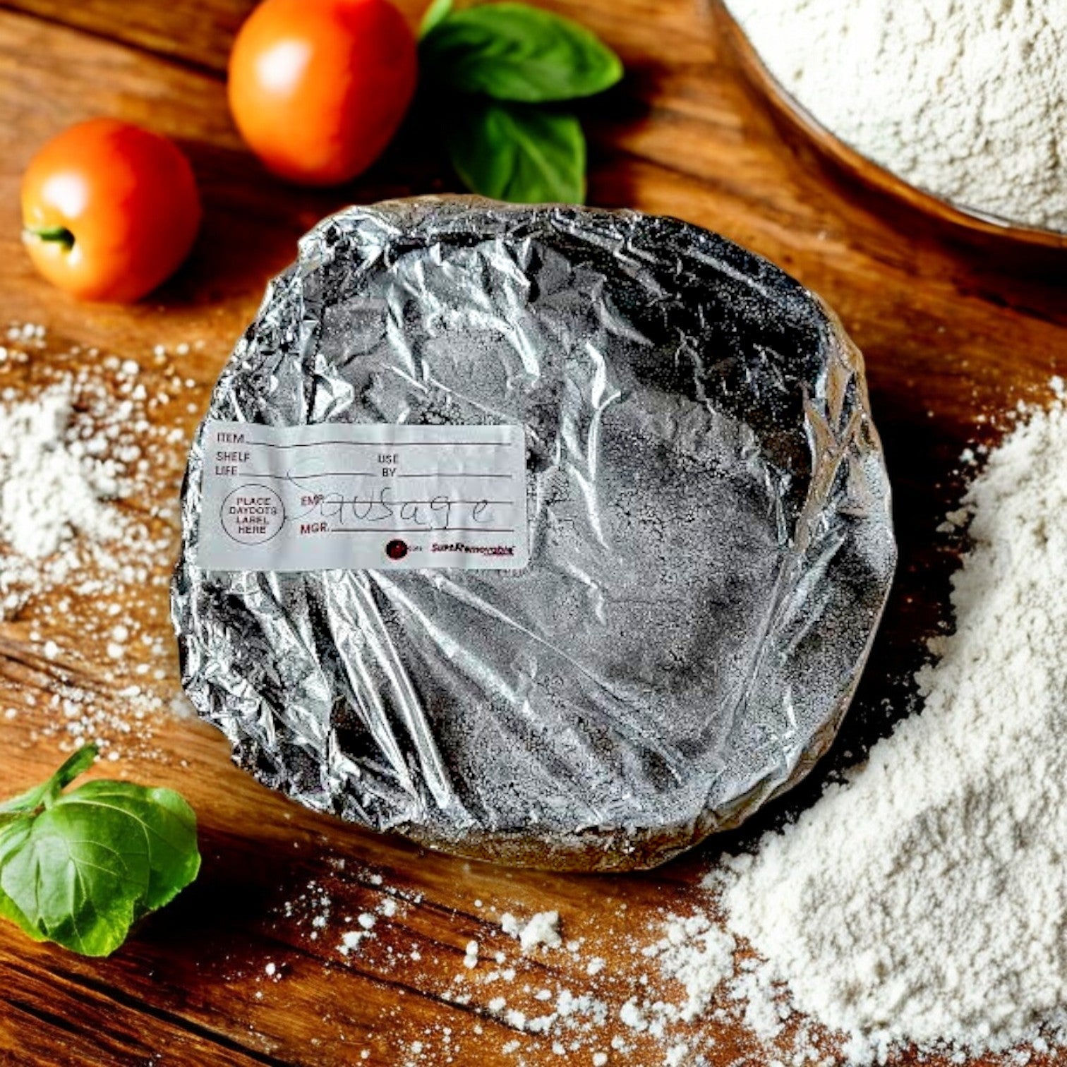 The Pizzeria Uno Deep Dish Small Sausage Pizza – 9” (Frozen, Made in Restaurant) is flanked by flour, cherry tomatoes, and basil leaves on a wooden surface, inviting you to savor the classic pizza flavors.