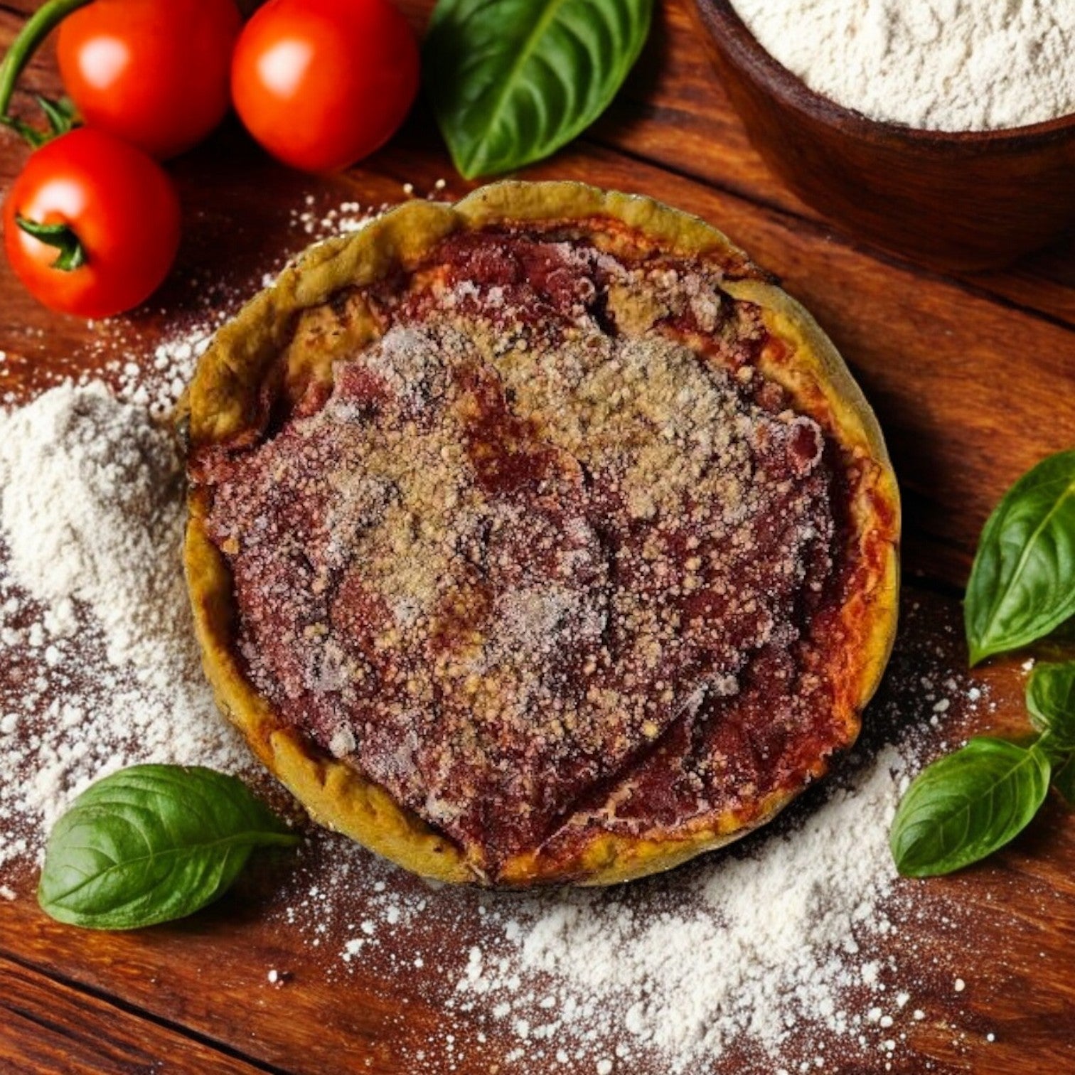 The Pizzeria Uno Deep Dish Small Sausage Pizza, with tomato sauce and a dusting of flour, is presented on wood, surrounded by fresh tomatoes, basil leaves, and a bowl of flour.