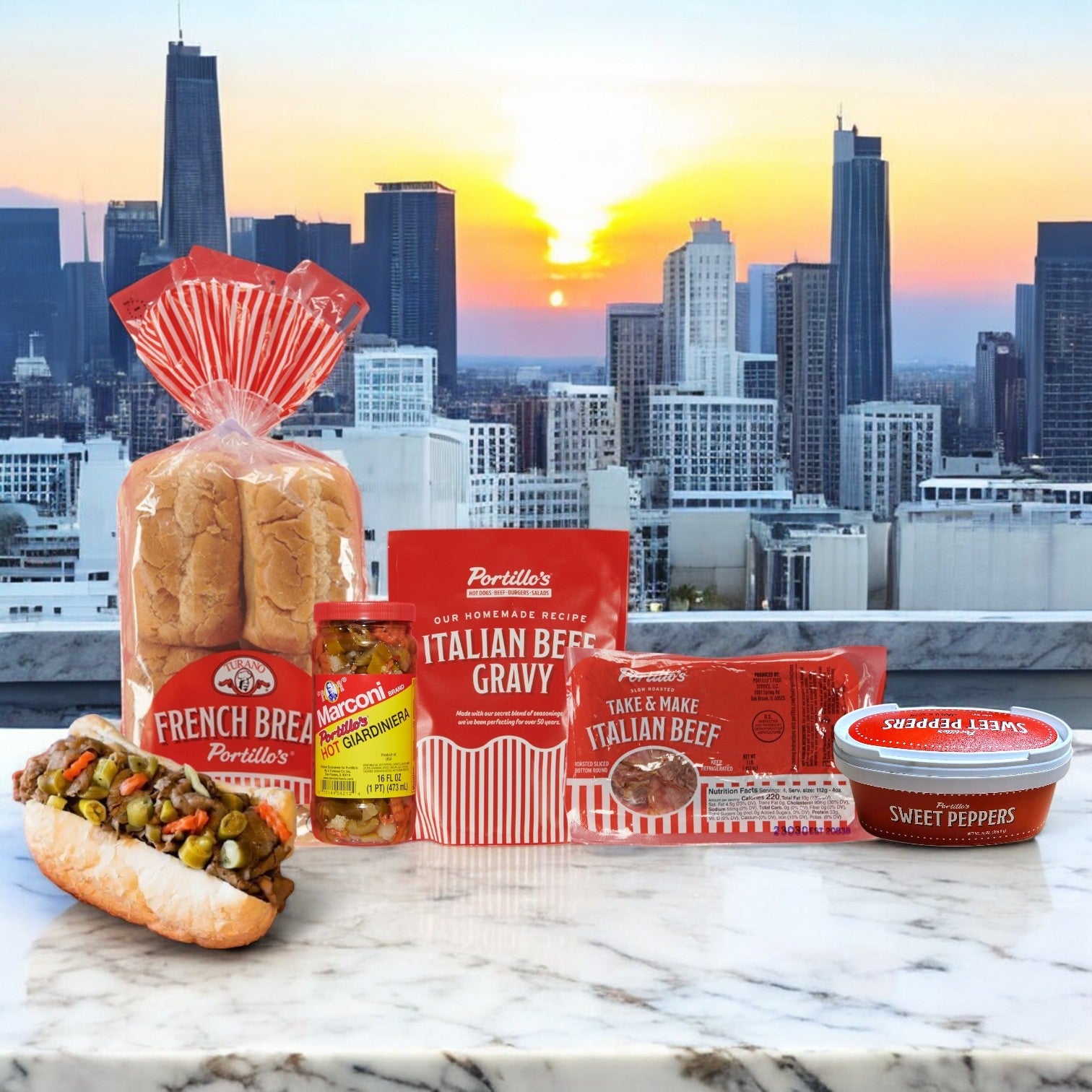 Portillo's 8 Italian Beef Sandwich Combo! Perfect For Parties! showcases an Italian Beef Sandwich with French bread, beef gravy, hot giardiniera, and sweet peppers against a city skyline at sunset.