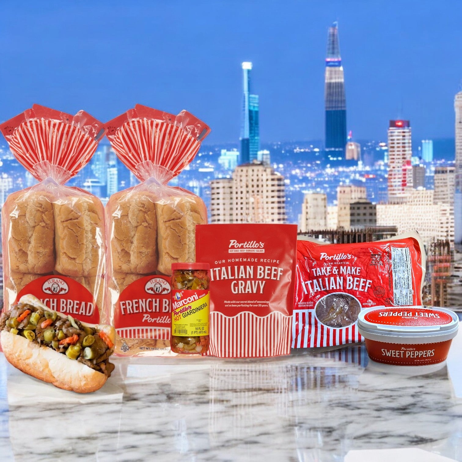 A delectable array of Portillo's 16 Italian Beef Sandwich Combo-Perfect For Parties! featuring French bread, zesty giardiniera, and sweet peppers creates a Chicago taste sensation against the skyline backdrop.