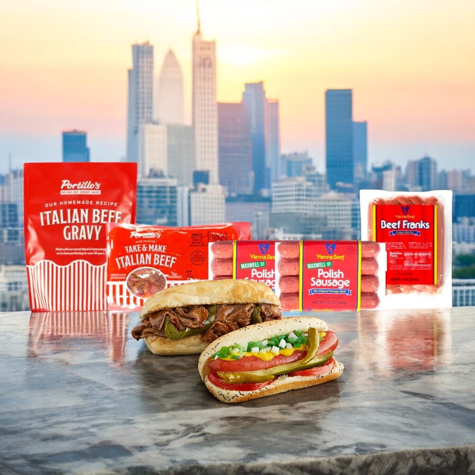 A variety of packaged meats, including the Vienna Beef and Portillo's 3-Pack Combo by Easy Lunches, is displayed against a city skyline. In the foreground, iconic Chicago flavors are represented by a beef sandwich and a Vienna Beef Combo hot dog with toppings.