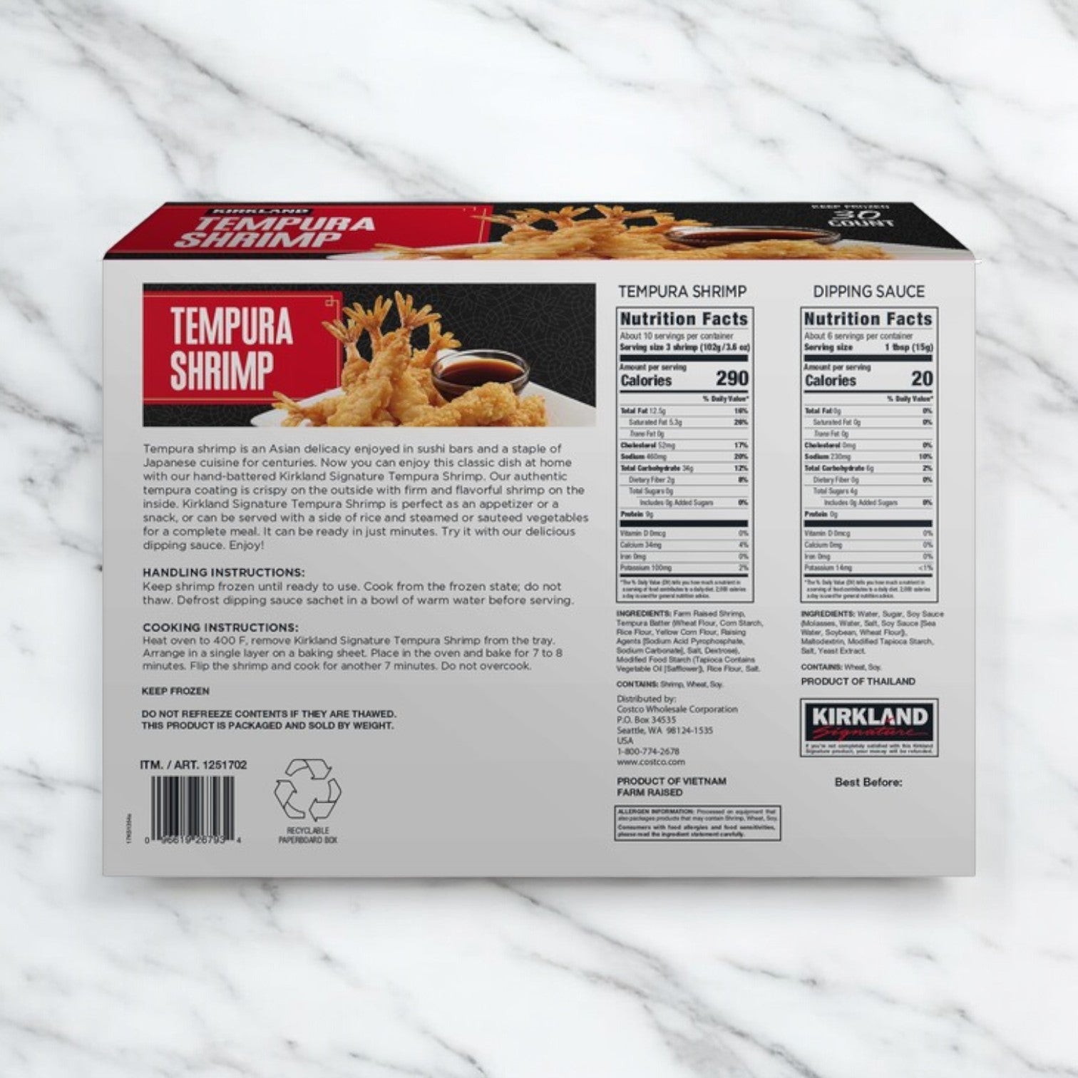 The back of a Kirkland Signature Tempura Shrimp, 2.35 lbs, 30-count - 3 Packs box features product details, handling instructions, nutrition facts, ingredients, and best before info—ideal for fans of this Costco favorite.