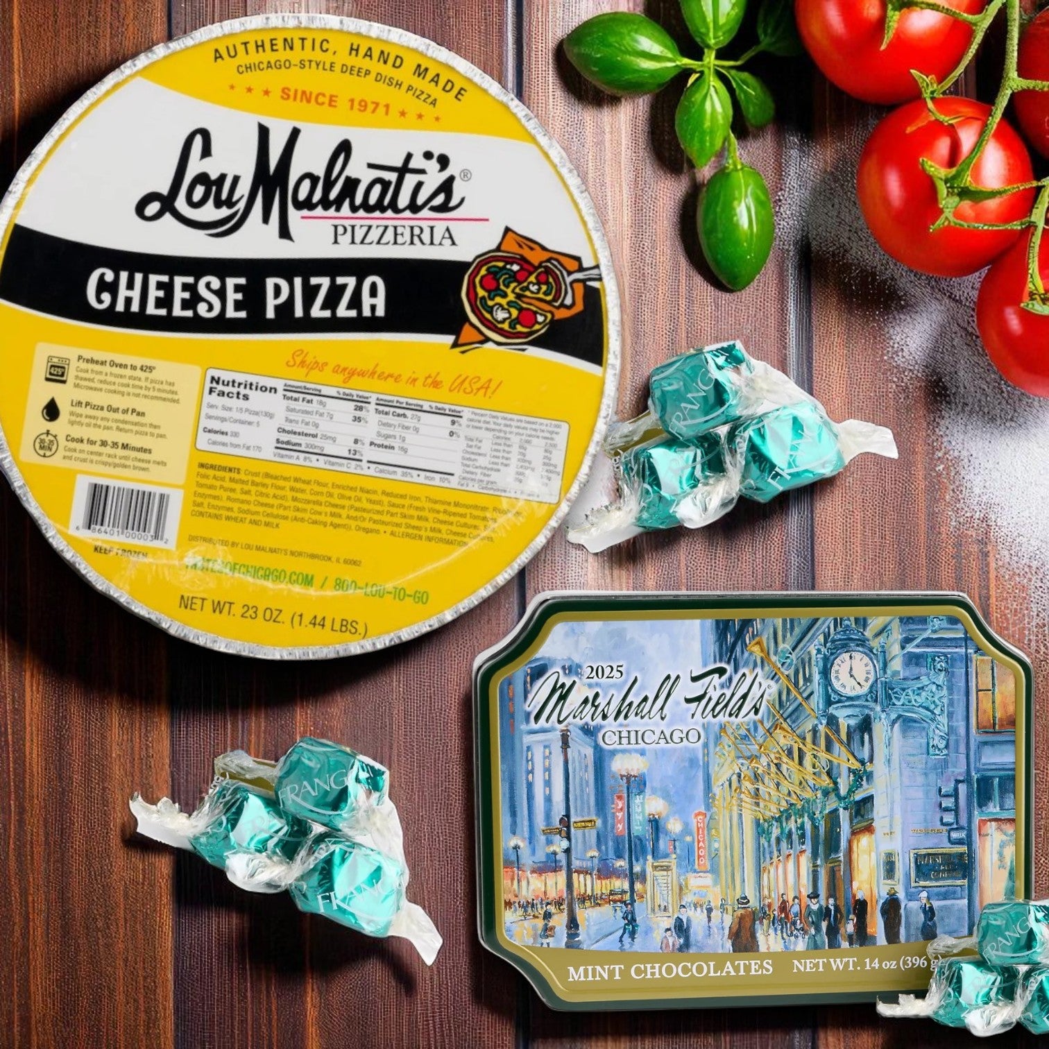 Marshall Field's Holiday Clock Tin Milk Mint Chocolates (14 oz) & Lou Malnati's Deep Dish Cheese Pizza (23 oz) – Chicago Classic Pairing
