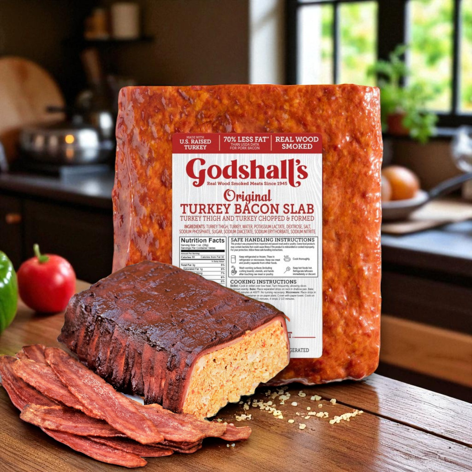 A 3-pack (approx. 6 lbs each) of Endless Market’s Godshall’s Turkey Bacon Slab is displayed on a wooden surface, with slab-style bacon slices and kitchen items in the background.