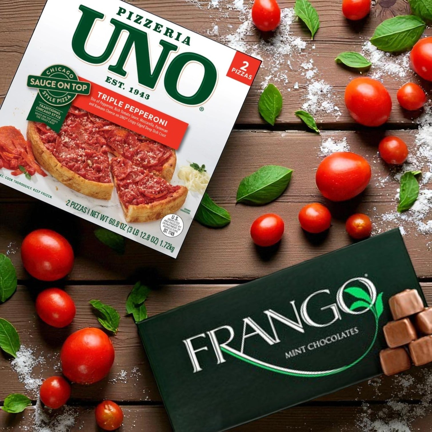 Pizzeria Uno Deep Dish Triple Pepperoni Pizza, 2 Ct & Frango Milk Mint Chocolates, 1 lb Box