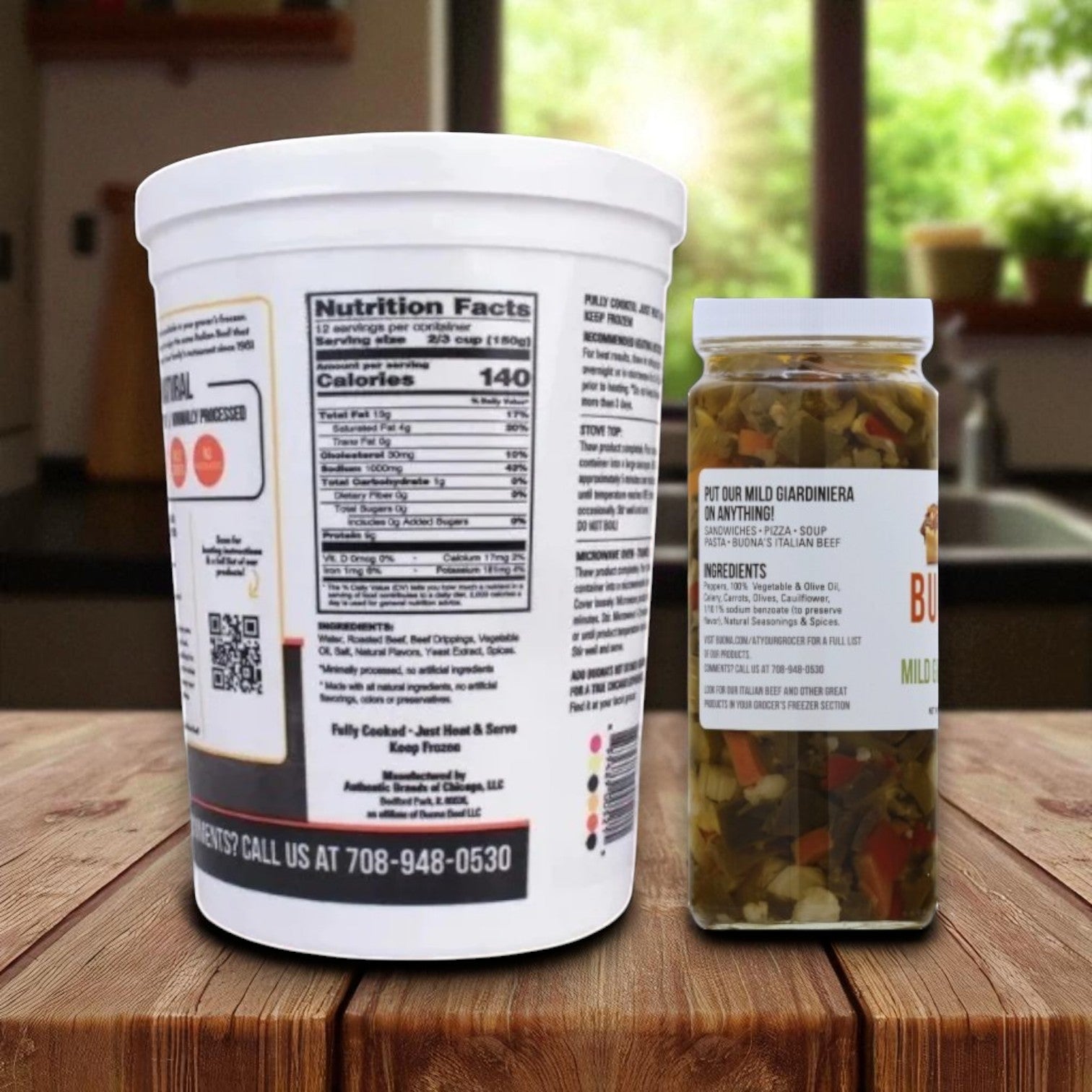 The Endless Market Buona Chicago Beef & Giardiniera Combo Pack, featuring 3 jars of mild giardiniera and 3 tubs of Italian style gravy with sliced beef, is displayed on a wooden kitchen surface—perfect for classic Chicago beef sandwiches.