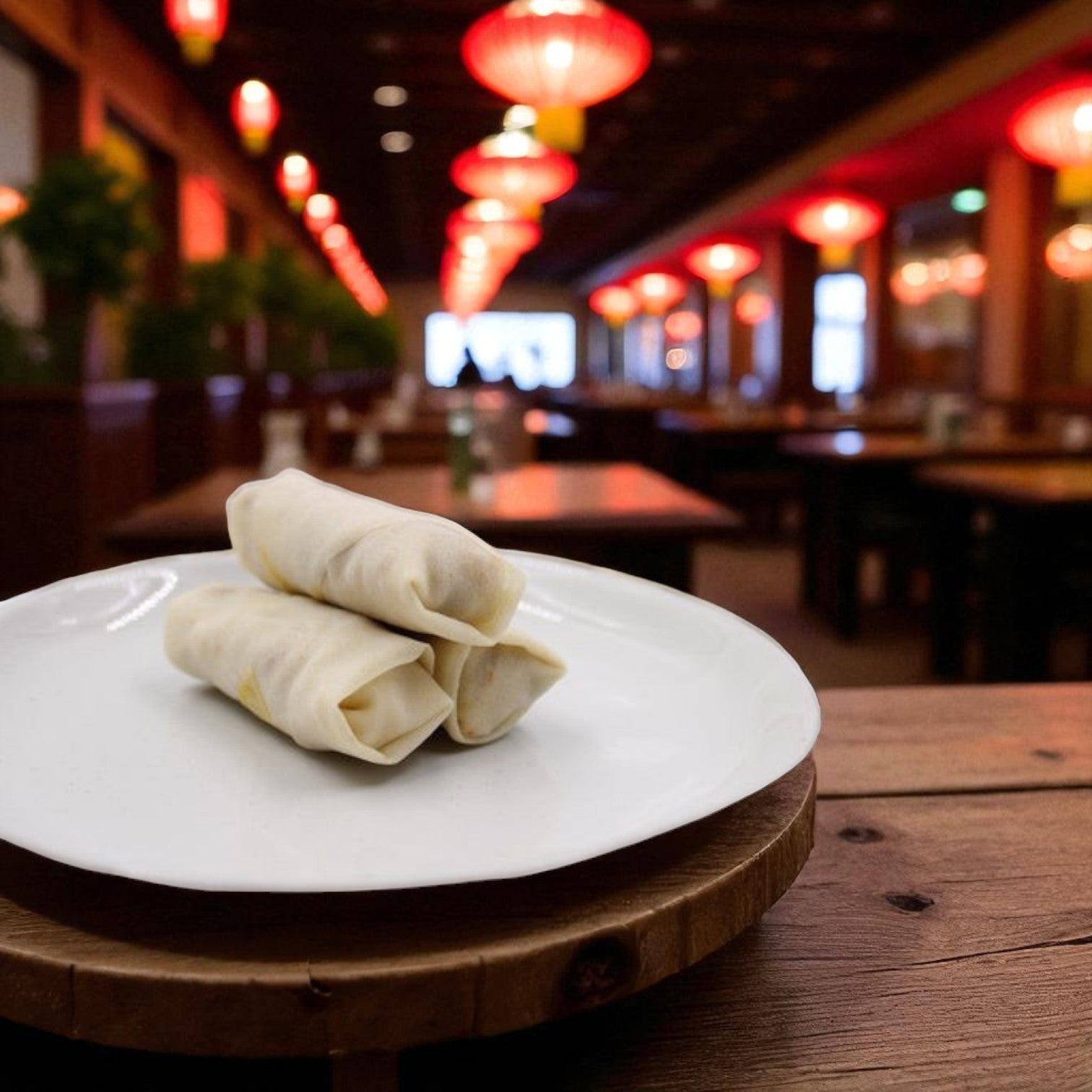 Two Van Lang Brie & Raspberry Phyllo Bites are served on a white plate as an elegant appetizer, with soft red lantern lights and an empty restaurant providing a warm background.