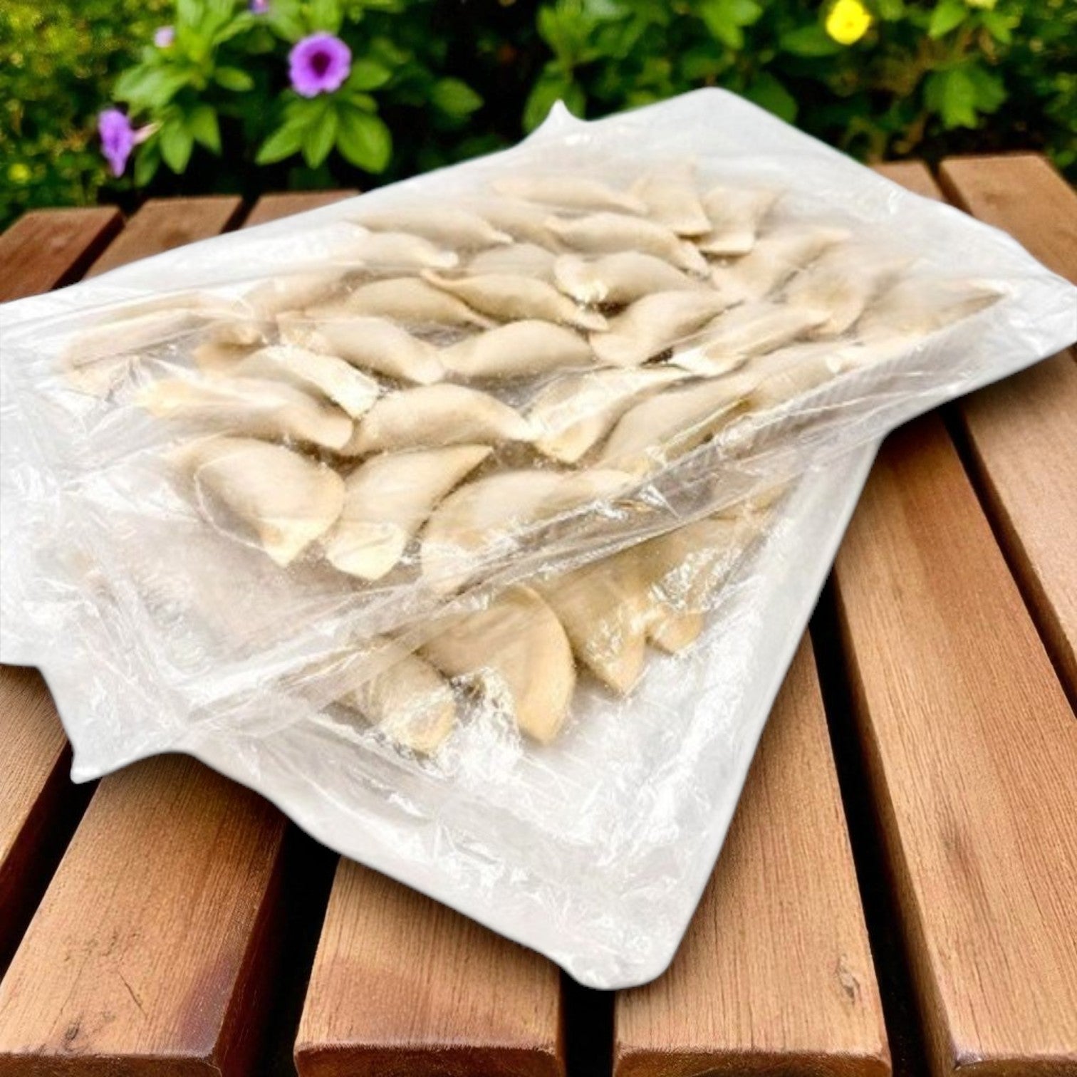 Four trays of Van Lang Chicken Potstickers—frozen Asian appetizers in clear plastic packaging—rest on a wooden outdoor table, with green foliage and flowers in the background.